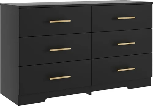 Cómoda negra para dormitorio con 6 cajones anchos, cómoda de madera con asas doradas, unidad organizadora de almacenamiento para armario, sala de