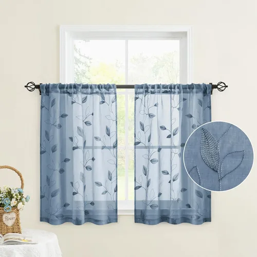 Vista 17 de HOMEIDEAS Cortinas traslúcidas amarillas de 84 pulgadas de largo, 2 paneles de cortinas bordadas con patrón floral amarillo y blanco, cortinas