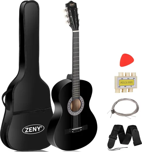 Zeny Nueva Guitarra Acústica de 38 pulgadas para principiantes con funda para guitarra, correa, afinador y púa, Negro