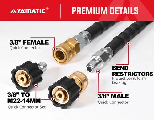 Vista 8 de YAMATIC - Manguera de lavadora a presión resistente a torceduras de 1/4" 15 m, manguera de lavadora eléctrica resistente al desgaste de 4000 PSI