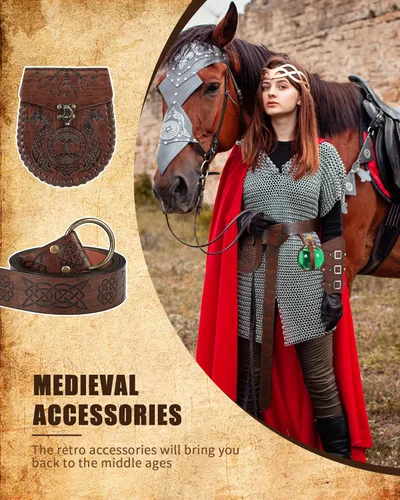 Vista 3 de 5 piezas de accesorios renacentistas de Halloween, cinturón vikingo medieval en relieve, bolsa de cinturón con hebilla, brazos, botella de poción