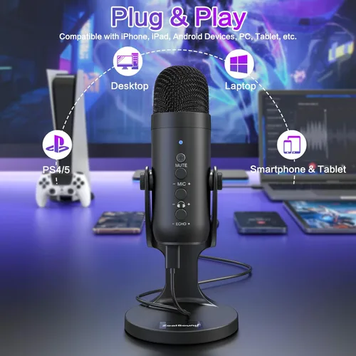 Vista 2 de ZealSound Micrófono de podcast para PC, micrófono USB con cancelación de ruido con ganancia, ajuste de volumen y botón de silencio, monitoreo y eco