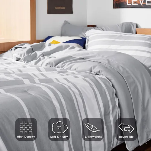 Vista 3 de Bedsure - Juego de edredón de 5 piezas, juego de ropa de cama a rayas gris para todas las estaciones, reversible, teñido catiónico, juego de cama