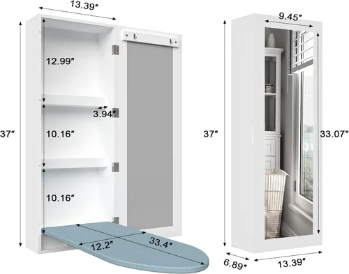 Vista 3 de Armario de tabla de planchar montado en la pared, armario plegable integrado con almacenamiento, puerta de espejo, color blanco