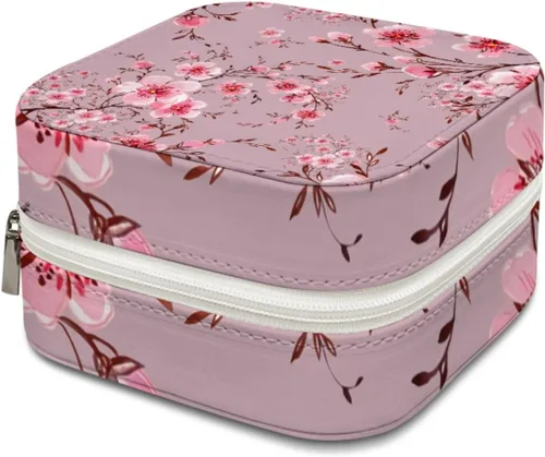 ONDIAN Mini joyero portátil de viaje de cuero, organizador de joyas de cuero, caja de almacenamiento de flores de cerezo rosa floral para mujeres