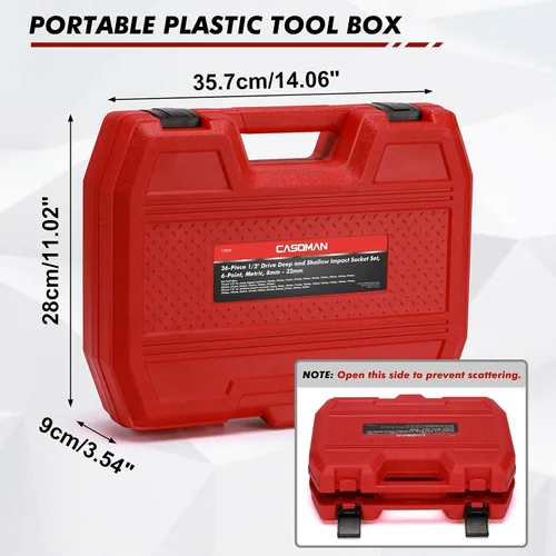 Vista 6 de CASOMAN Juego de llaves de vaso métricas de impacto profundo y poco profundo de 36 piezas, 1/2 pulgada, 6 puntos, CR-V, para reparación