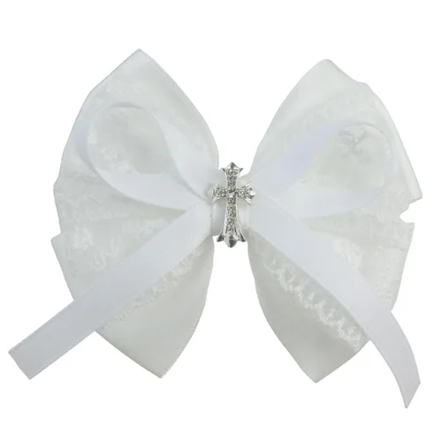 Nihao Baby Arco de encaje blanco de 4 pulgadas con cruz para bautismo, bautizo, comunión arco para niñas pequeñas 1.97 pulgadas clip de cocodrilo
