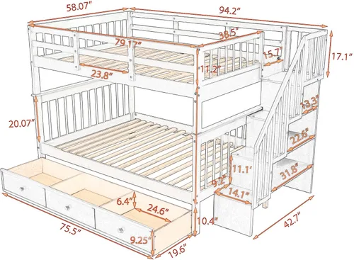 Vista 3 de Harper & Bright Designs Litera de tamaño matrimonial sobre matrimonial con 3 cajones, litera de madera maciza con almacenamiento y riel de Gris