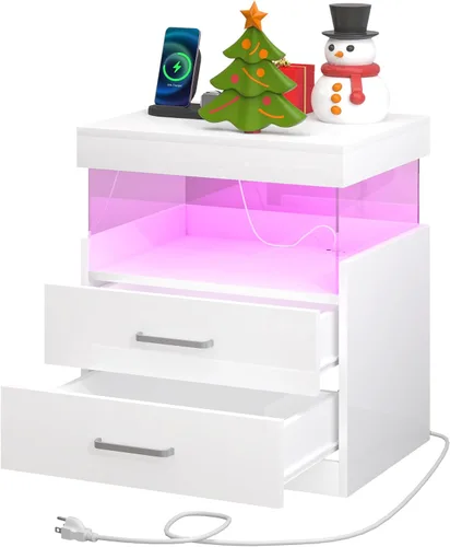 WelFurGeer Mesita de noche de alto brillo, mesita de noche LED blanca con estación de carga, mesita de noche con cajones, mesitas de noche modernas