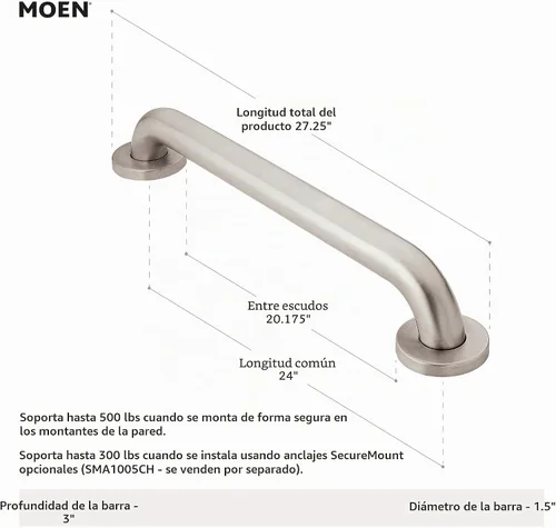 Vista 3 de Barra de apoyo Moen SecureMount, R8918W Glacier