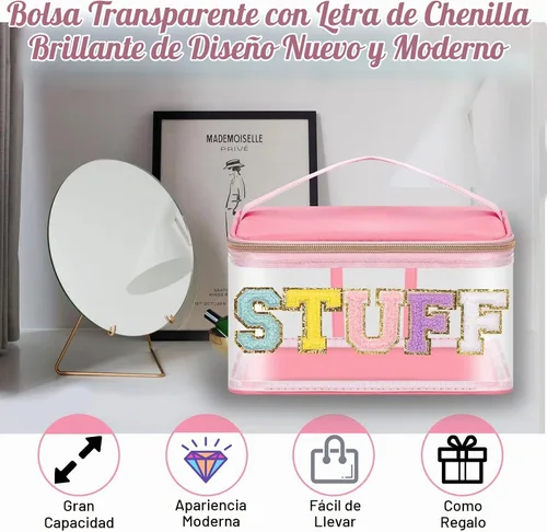 Vista 10 de izuzta Bolsas de maquillaje transparentes con letras de chenilla, bolsa de maquillaje de parche preppy con asa
