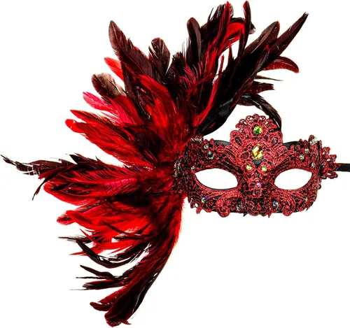 Máscara veneciana veneciana de lujo para mujer con plumas laterales - rojo, Rojo -