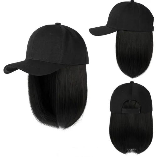 Vista 4 de YEKEYI Gorra de béisbol con extensiones de cabello, peluca sintética para mujer, gorra de béisbol ajustable (beige negro)