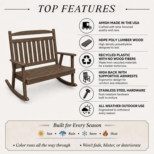 Vista 4 de Amish Made Antique Mahogany Double Rocking Chair Bench, HDPE Made in USA