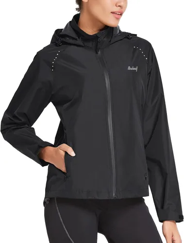 Vista 2 de BALEAF Chaqueta impermeable para mujer, rompevientos para correr, ciclismo, plegable, reflectante, ligera, con capucha