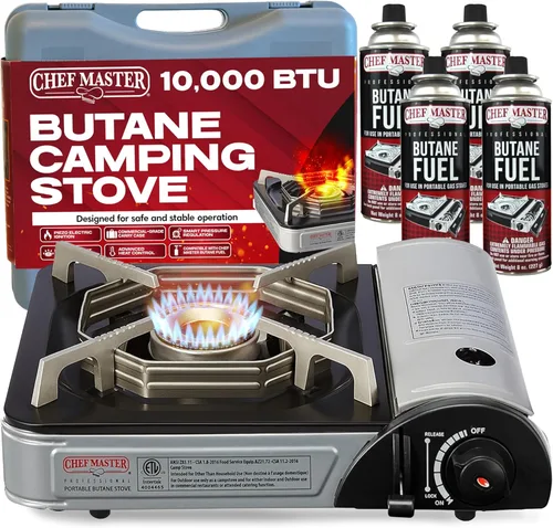 Chef-Master 90011 Estufa de butano para encimera, portátil de 10 000 BTU con funda de transporte, alto rendimiento, encendido piezoeléctrico,