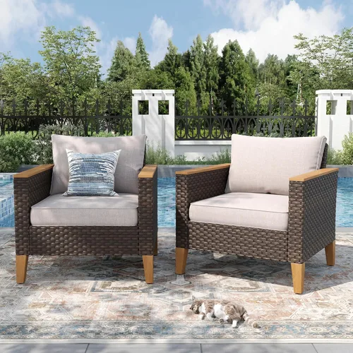 Vista 24 de PHI VILLA Otomana de mimbre para patio, 2 piezas, asiento otomano de mimbre para todo tipo de clima, reposapiés para exteriores con cojines