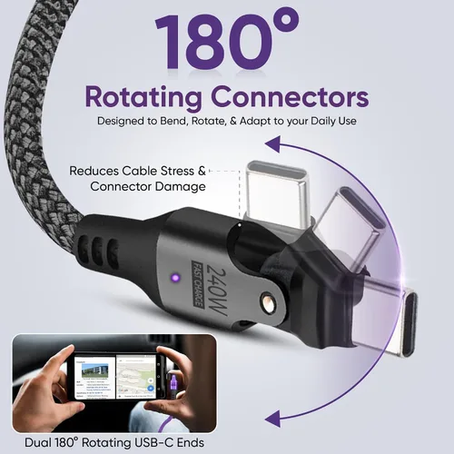 Vista 2 de Cable USB tipo C a C de rotación de 180° PD 240 W (1 paquete de 3.3 pies) USB2.0 480MBPS y cable de transferencia de datos Cable de carga