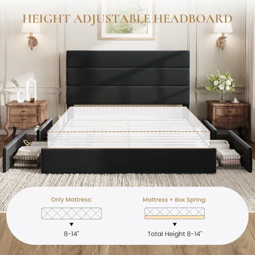 Vista 9 de SHA CERLIN Base de cama de plataforma de tamaño matrimonial con 4 cajones de almacenamiento, cabecera tapizada de terciopelo, base de colchón
