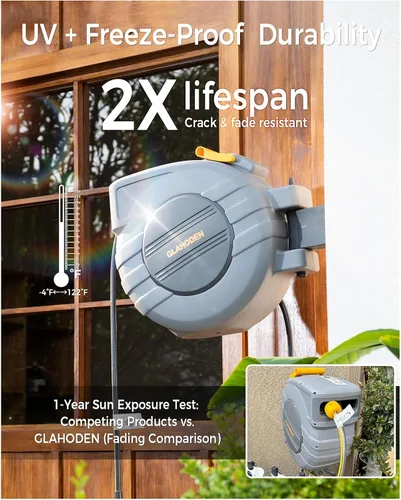 Vista 2 de GLAHODEN Carrete de manguera de jardín retráctil de 5/8 pulgadas x 100 pies, resistente a los rayos UV, resistente, carrete de manguera automático