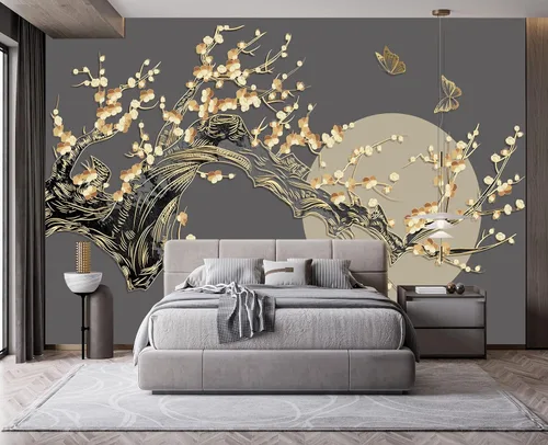 Vista 5 de Mural de Pared de Flores Doradas en 3D para Dormitorio, Papel Pintado 3D, 137" x 100" No.20