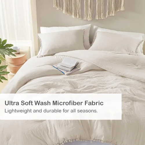 Vista 4 de Codi Juego de edredón beige tamaño individual para niñas, ropa de cama con diseño de flecos de pompones, ropa de cama bonita de microfibra lavada