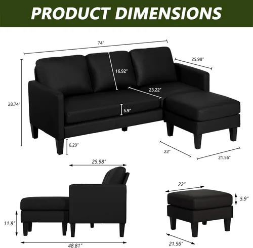 Vista 3 de Sofá modular convertible de cuero en forma de L con diván reversible, moderno sofá modular de 3 plazas para sala de estar, espacios pequeños