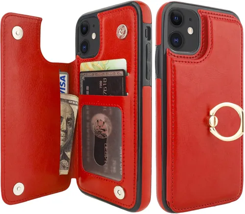 Vista 9 de ONETOP - Funda tipo cartera para iPhone 11 con soporte para tarjetas, anillo de rotación de 360°, bloqueo RFID, piel sintética, doble cierre Negro