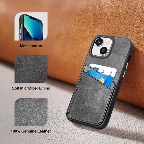 Vista 4 de LUCKYCOIN Funda de piel 100% auténtica tipo cartera para iPhone 13, diseño delgado con tarjetero y funda protectora a prueba de golpes, forro