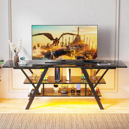 Vista 12 de HNEBC Soporte de TV de 75 pulgadas con luces LED, centro de entretenimiento industrial con almacenamiento, soporte de TV LED con estación de carga