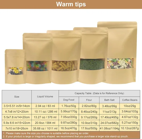 Vista 4 de SumDirect Bolsas de pie de estraza – 50 bolsas de papel kraft resellables con ventana, bolsas de almacenamiento de alimentos con cremallera