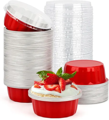 Vista 60 de Beasea Tazas de Ramekin de Aluminio con Tapa, 50 Unidades 6.1oz 180ml Mini Ramekins Desechables de Aluminio para Horno, Tazas Redondas para Cupcakes