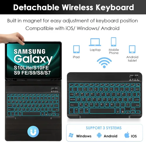 Vista 3 de LAMA Funda con teclado retroiluminado para Samsung Galaxy Tab S10 Lite/S10 FE/S9 FE 10.9 pulgadas, funda de teclado inalámbrico desmontable