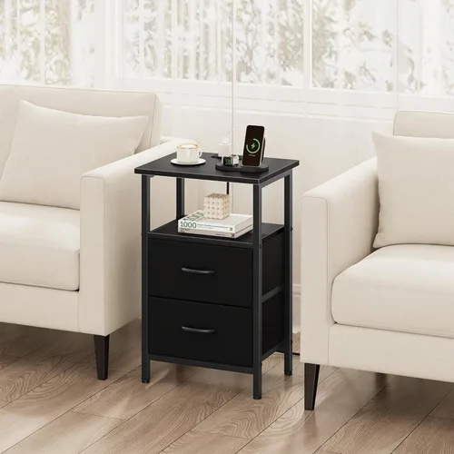 Vista 7 de Vagusicc Nightstand with Charging Station, End Table Bedside Table with 2 Fabric Drawers, Black Night Stand with USB Ports & Outlets, 24.2" Tall Bed