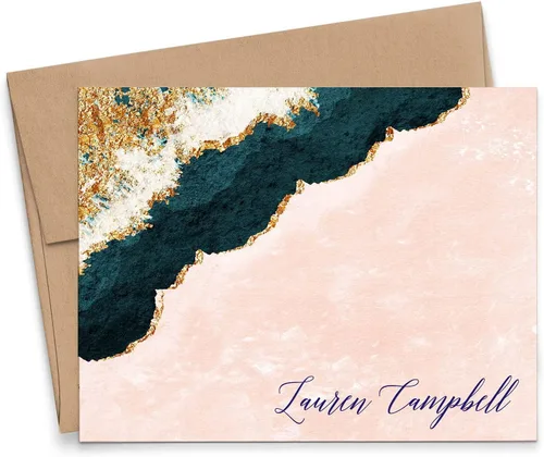 Papelería personalizada de ágata azul y dorada para mujer, elegantes tarjetas de notas plegables personalizadas con sobres, papelería personalizada