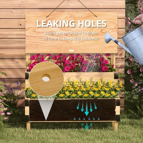Vista 5 de Outsunny Cama de jardín elevada con enrejado, maceta elevada de madera de 2 niveles con patas y esquinas de metal para verduras, flores, hierbas