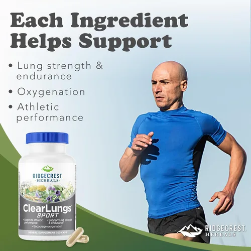 Vista 2 de RidgeCrest Herbals ClearLungs Sport para oxigenación, resistencia y rendimiento atlético - 60 cápsulas veganas