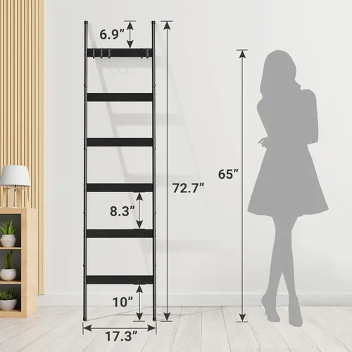 Vista 3 de ELYKEN Escalera de Manta para Sala de Estar, Soporte de Edredón de 6 Niveles de Granja con 4 Ganchos Removibles para Baño, Estante de Madera