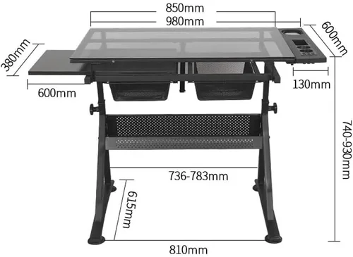 Vista 2 de Escritorio de dibujo profesional de altura ajustable, mesa de cristal, mesa de manualidades inclinable con almacenamiento, escritorio de arte