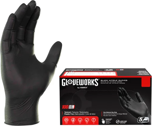 GLOVEWORKS Guantes industriales desechables de nitrilo negro, 5 mil, sin látex ni polvo, seguros para alimentos, texturizados