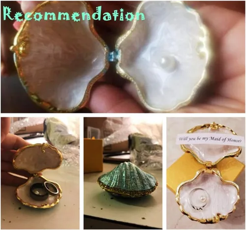 Vista 3 de H&D HYALINE & DORA Caja de metal y cristal para anillos, figura pequeña de concha de mar, centro de mesa coleccionable (mejillón perlado)