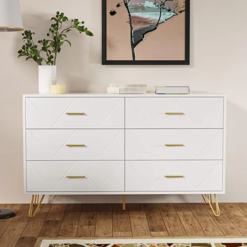 Vista 33 de Cómoda de 7 cajones para dormitorio, color blanco con patas y asas doradas, cómoda de madera, cómoda moderna para sala de estar, pasillo, guardería