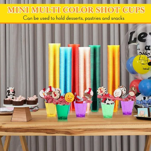 Vista 3 de Tioncy 500 Pack Gold Glitter Plastic Cups 2 oz Plastic Shot Glasses Mini Tasting Cups Neon Plastic Disposable Shot Glasses Party Cups for Wedding