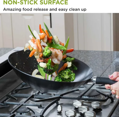 Vista 3 de Ecolution wok antiadherente de acero al carbono con asas remachadas suaves al tacto, Negro