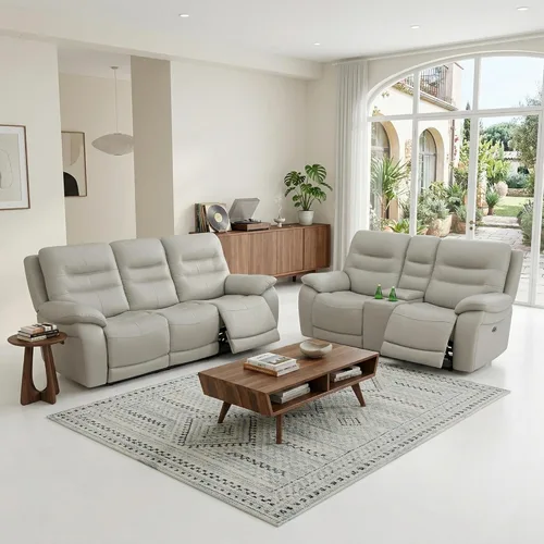 Vista 16 de Juego de sofá reclinable eléctrico, juego de sofá reclinable de cuero genuino, 3 piezas de sofá de cuero de grano superior con consola