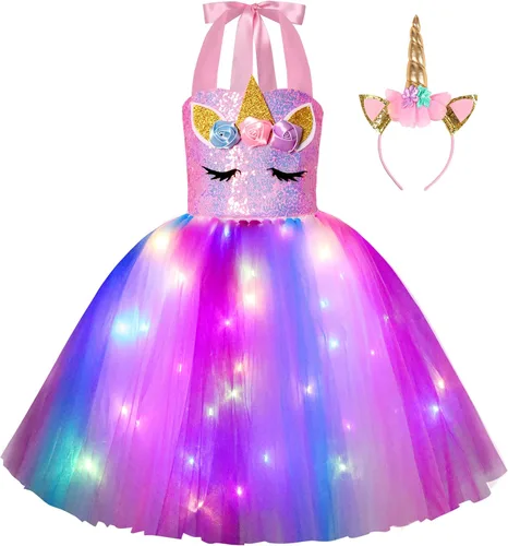 KAKALVER Unicorn Dress for Girls Unicorn Costume LED Light Up for Dress up Halloween Birthday Party Decoration Unicorn Gifts