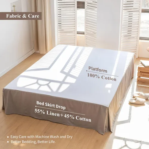 Vista 3 de BISELINA Falda de cama de lino francés con esquina plisada, caída a medida de 14 pulgadas, mezcla de lino natural y algodón, volante antipolvo