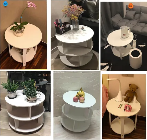 Vista 5 de Mesa auxiliar redonda moderna con almacenamiento, mesita de noche con estantes de 2 niveles, mesa de centro pequeña de madera con ruedas, mesa