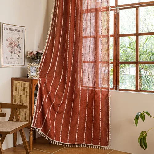 Vista 11 de Sutuo Home Cortinas de puerta francesa para puerta de patio, cortinas de lino semiopacas bohemias con borlas, tiras de granja a cuadros, decoración