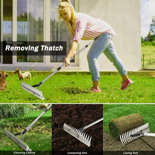 Vista 5 de Rastrillo de paja para césped, rastrillo ajustable resistente, rastrillo de tierra para césped, jardín y patio